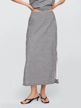 Gap Gingham Linen Blend Gingham Midi Skirt NWT Black & White L